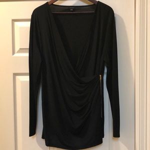 Ann Taylor black wrap top with gold zipper